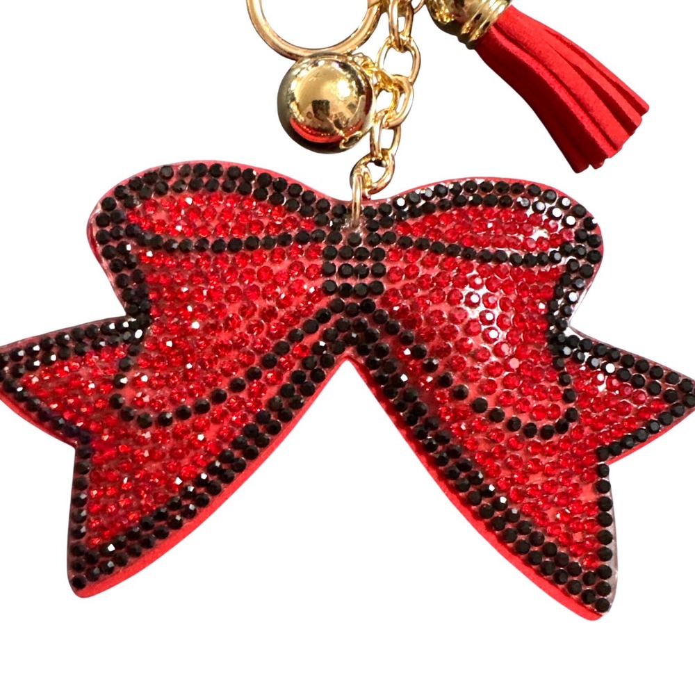Red Rhinestone Bow Keychain Gold Tone Tassel Bag Charm Coquette Accessory